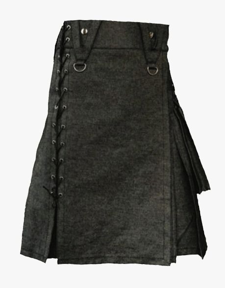 Men's Black Denim Kilt in Laces Style