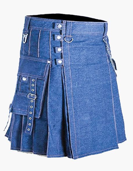 Blue Denim Kilt with Black Leather Straps