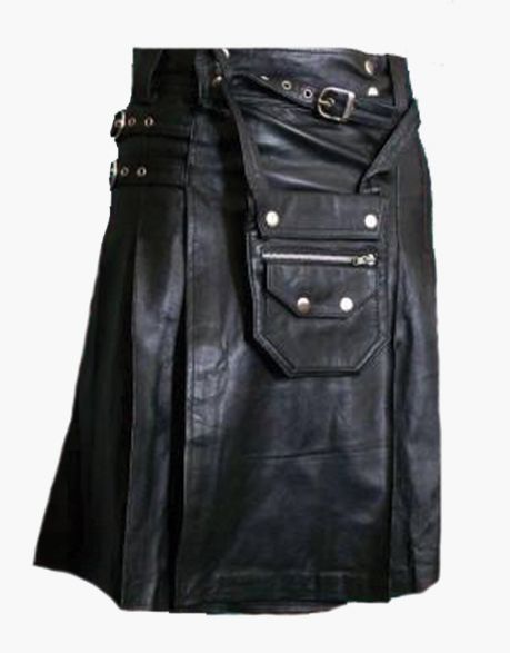 Men's Pure Black Leather Utility Kilt with Detachable Pocket