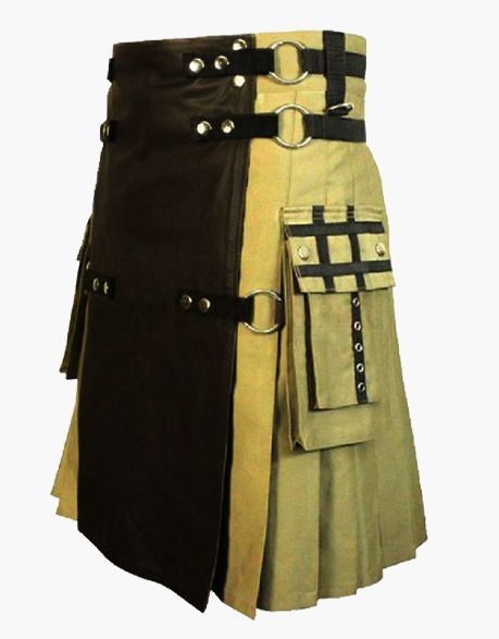 Modern Khaki Hybrid Kilt with Black Leather Apron