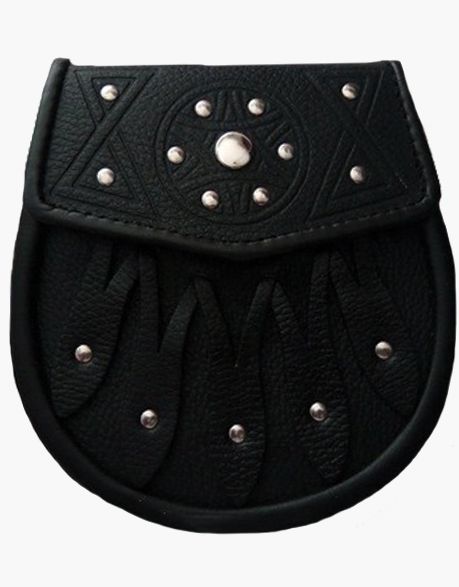 Celtic design black leather sporran with s-chain kilt & belt bagpipe