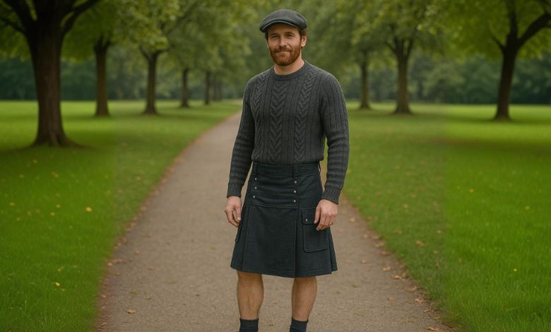 Denim Kilt with knit sweater
