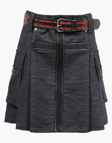 Mens Black Denim Kilt with Leather Straps