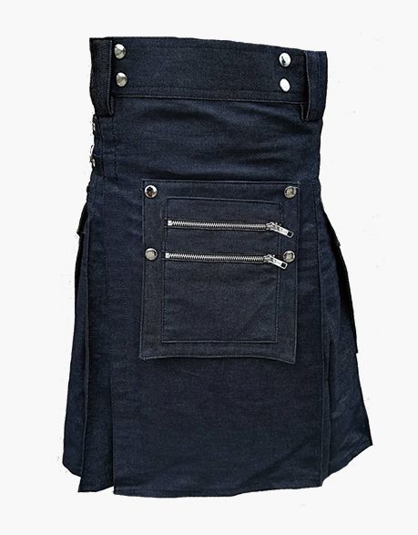 Men's Blue Denim Kilt with Detachable Front Pocket