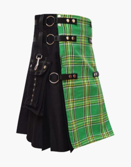 Stylish Black with Irish Tartan Apron Hybrid Kilt