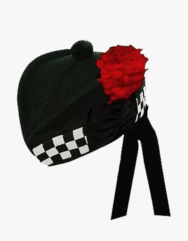 100% Pure Wool Black and White Diced Dark Green Highland Glengarry Caps