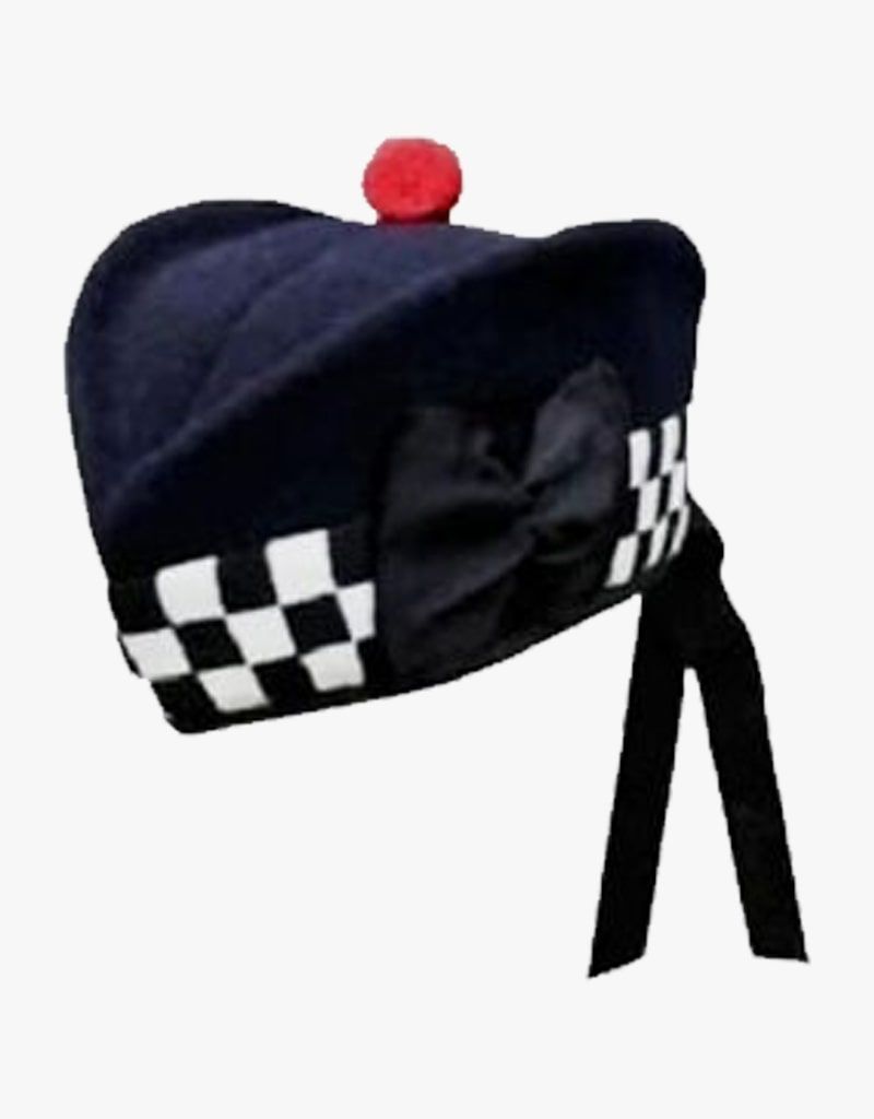 100% Pure Wool Navy Blue Diced Black and White Glengarry Hat
