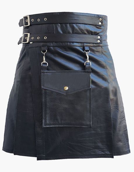 Black Leather Kilt with Detachable Front Pocket