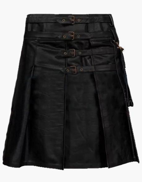 Black Pleated Leather Kilt with Straps