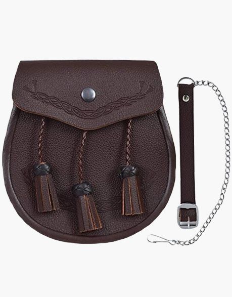 Brown Embossed Celtic Classic Leather Kilt Sporran Free Chain Strap