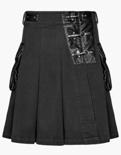 Mens Black Denim Kilt with Leather Pockets