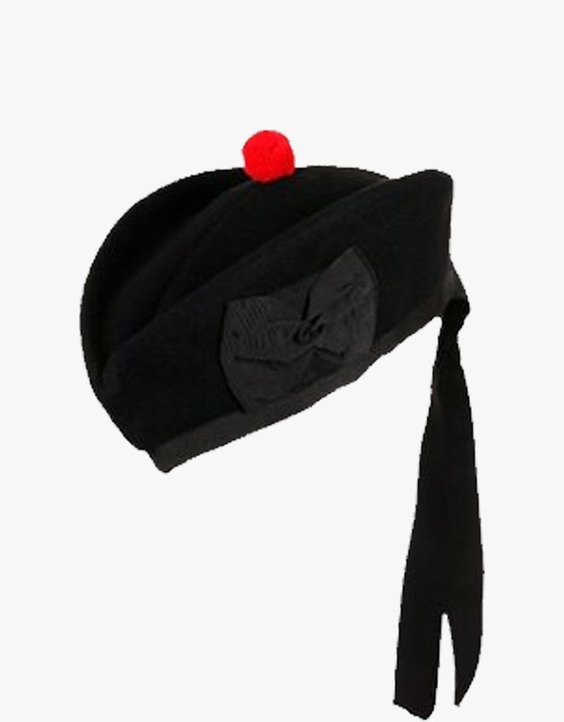 Plain Black Highland Glengarry Cap With Red Pom