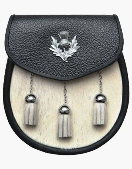 White Bovine Cow Hide 3 Tassel Leather Sporran and Belt