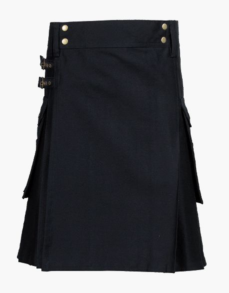 Black Utility Kilt with Flap pockets and Buckle Strap