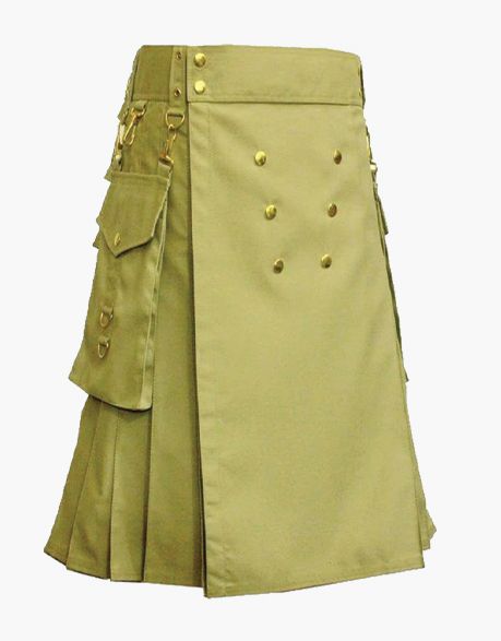 Khaki Utility Kilt with Golden Buttons