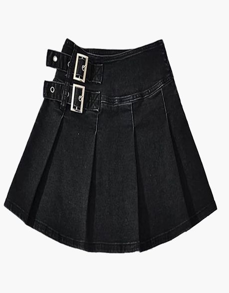 Women's Black Denim Pleated Mini Kilt